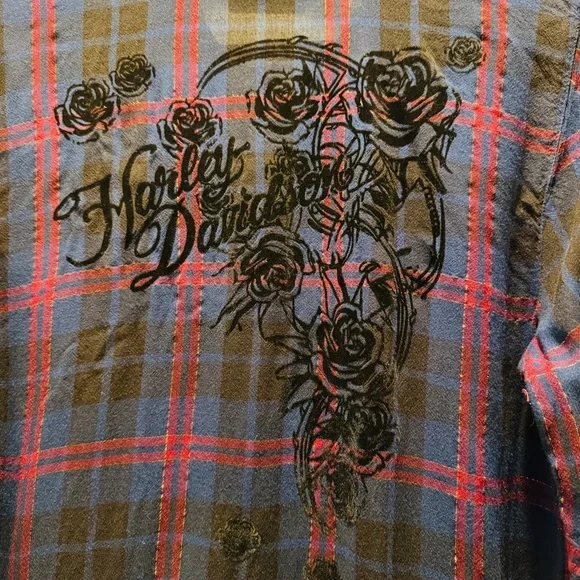 Harley-Davidson Lurex Plaid Flannel Shirt Blue/Red Roses Size Large EUC - Picture 7 of 15